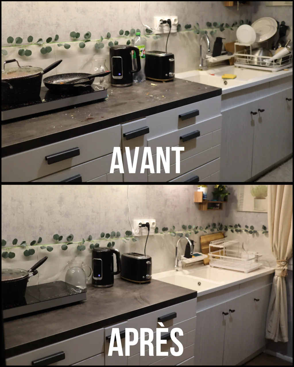 Cuisine présentée avant et après le nettoyage