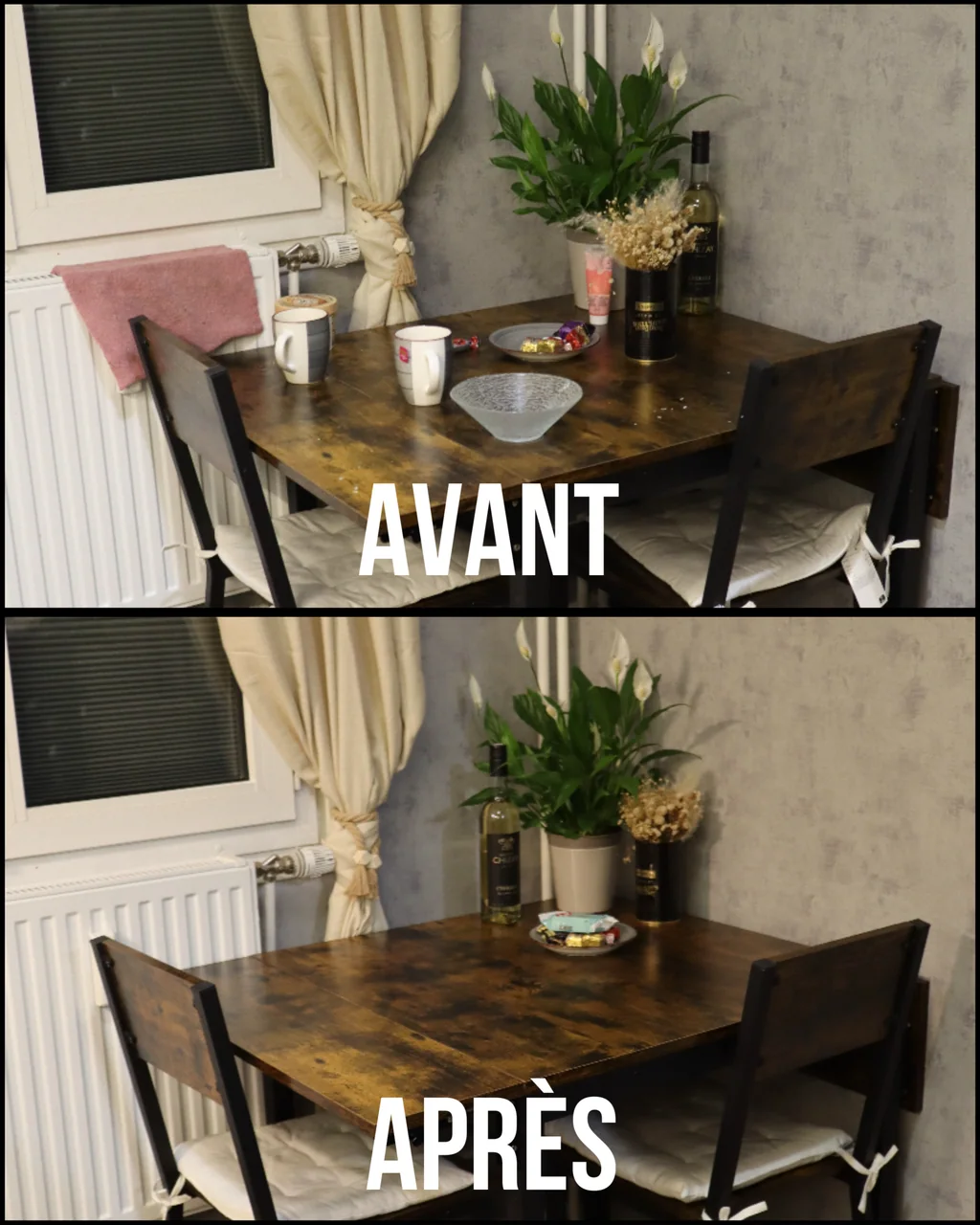 Table de salle à manger présentée avant et après le nettoyage